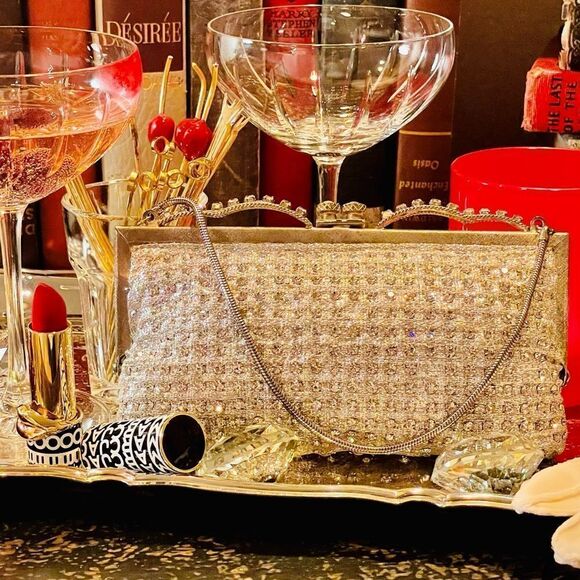 ♥️ Silver Lamé and Austrian Rhinestone purse, Walborg 60s handbag - Picture 3 of 16